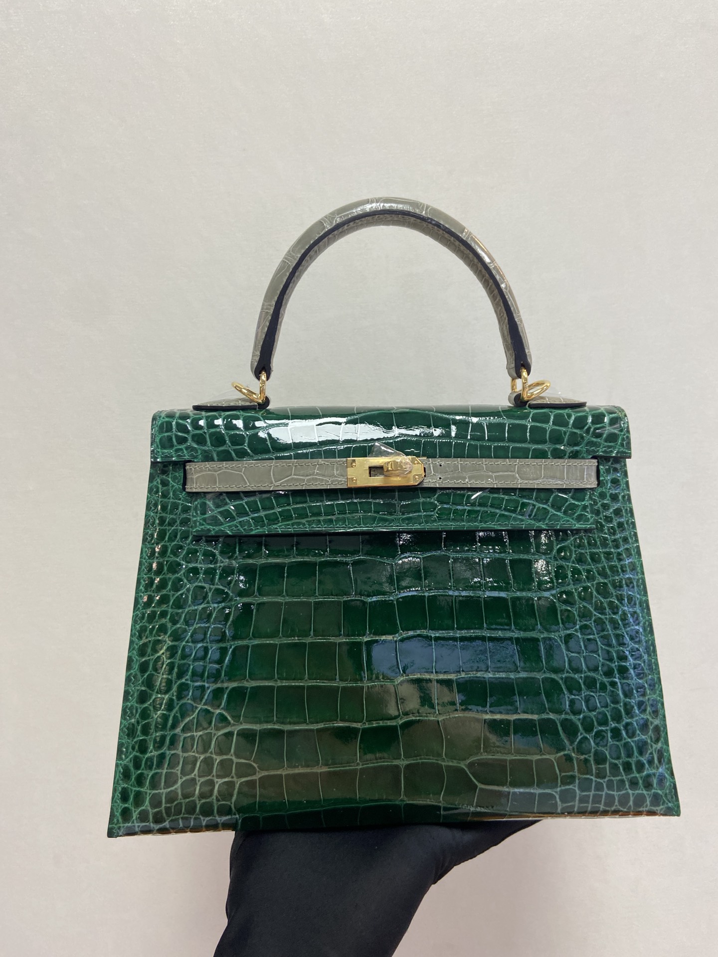 Hermes Kelly 25cm Handbag Shoulder Bag In Deep Green Grey Shiny Crocodile Niloticus Leather